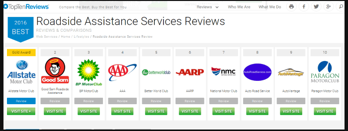 screen shot of the top ten roadside assistance companies
