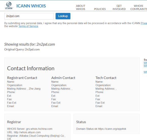 2n2pd.com is registered in Beijing. See bottom line.