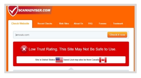 Amouis.com ScamAdviser Low Trust Rating